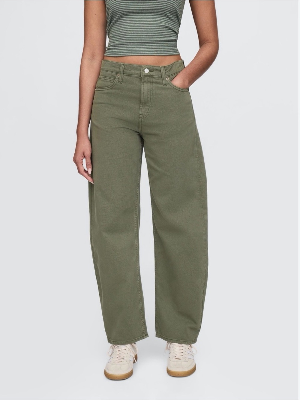 High-Rise Barrel Jeans in Olive Green